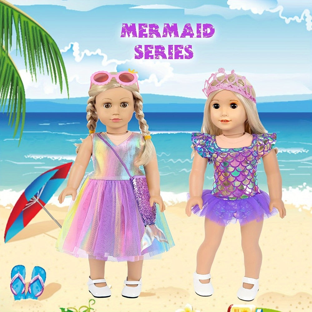 Twenty-Piece Mermaid Travel Accessory Set for 18-Inch Dolls with Purple Suitcase, Skirts and Crown — image 4