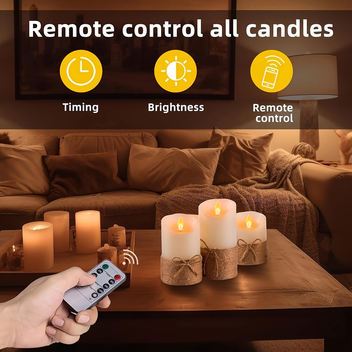 Flameless LED Pillar Candles Set of 3 Battery Operated with Remote Timer Flickering Jute Rope Home Bedroom Ocean Theme Decor 
