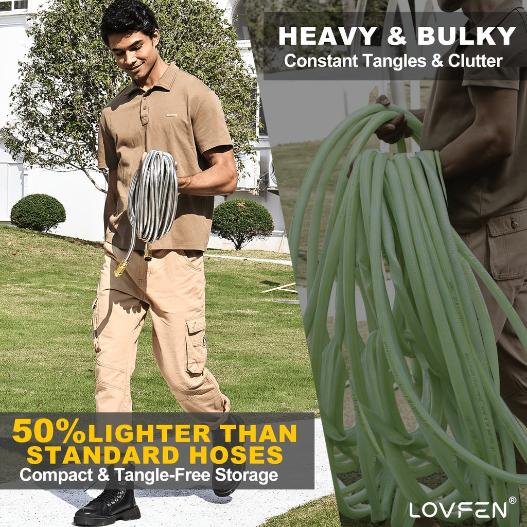Stainless Steel Metal Garden Hose, Kink-Free, 10-Function Nozzle, Brass Fittings, 10FT to 150FT — image 2