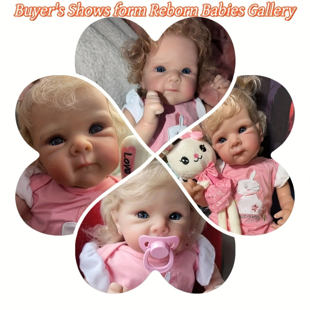 Reborn Baby Doll 16-Inch Cloth Body with Rooted Blonde Hair, Open Eyes, Pink Romper and Pacifier Set — image 17