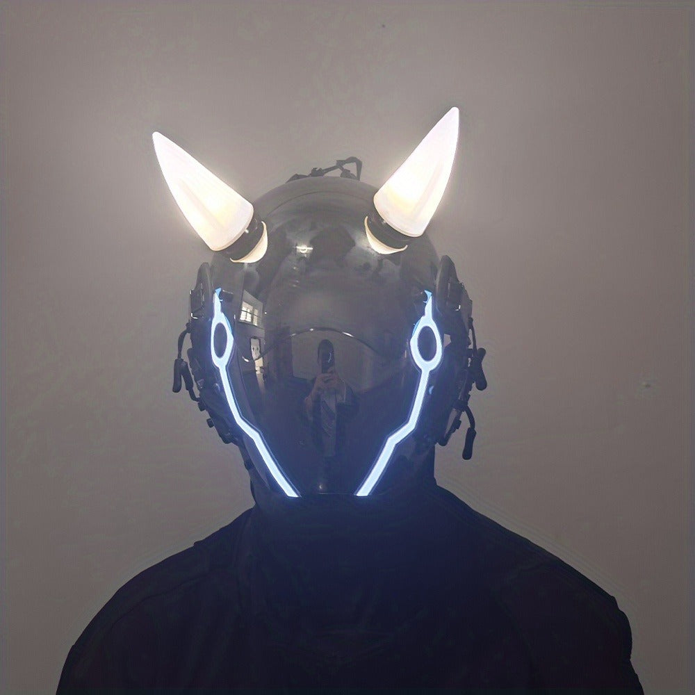 Pink LED Cyberpunk Costume Mask with Horned Full-Face Helmet, Reflective Visor and Lighted Accent Lines — image 17