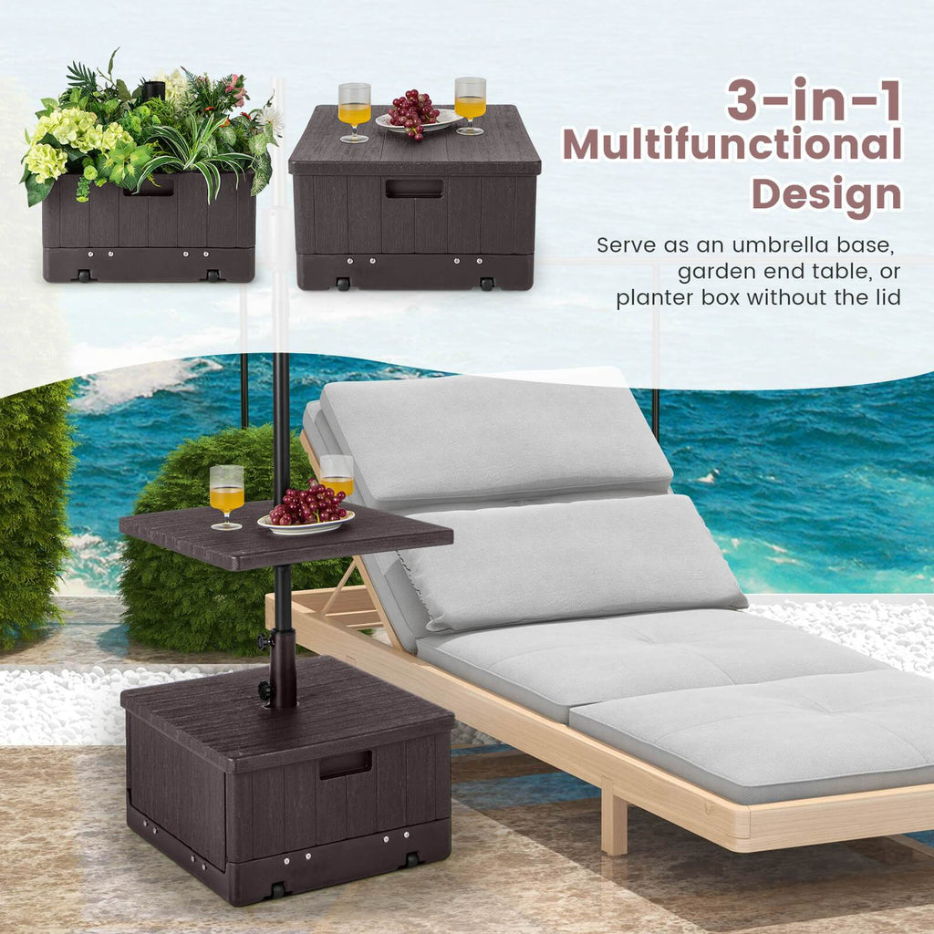 Patio Umbrella Base 3-in-1 Fillable with Table Tray & Planter Box Wheeled Stand Fits 1.5"/1.9" Poles for Garden, Patio and Ya