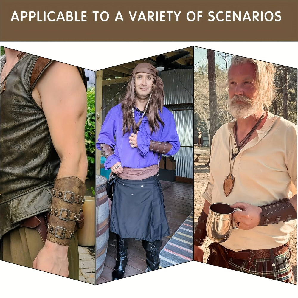 Viking Medieval Leather Arm Guards Bracers – PU Leather Knight Gauntlets Adjustable Metal Buckles Rivets for Men Women Hallow