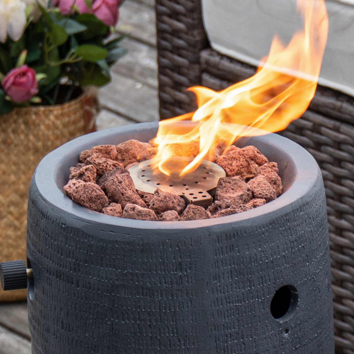 Propane Fire Pit Portable 11 Inch Outdoor 15000 BTU Self-Lighting Metal Concrete All-Weather Round Patio for Garden, Patio an