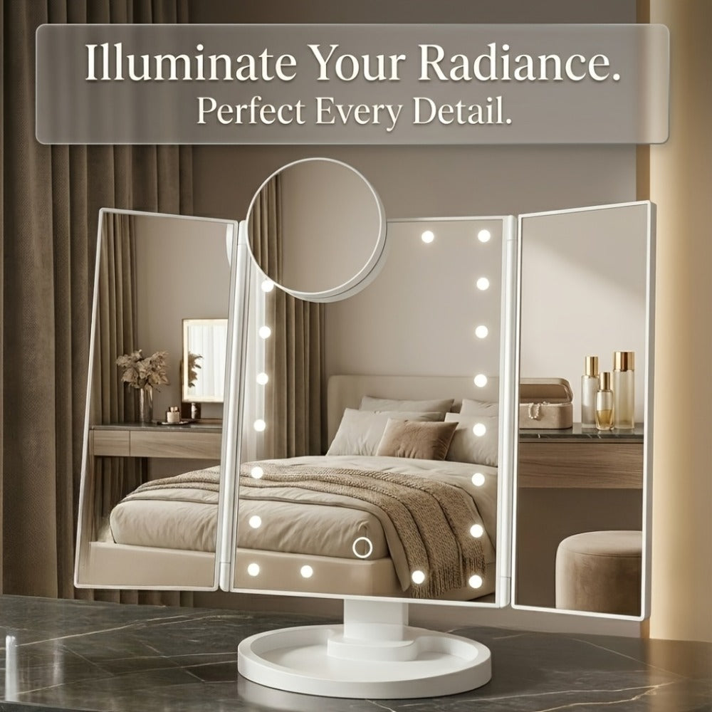 Vanity Mirror with Lights Tri-Fold 21 LED Lighted Makeup Mirror Touch Control 1X 2X 3X 10X Magnification 360 Rotation Dual Po