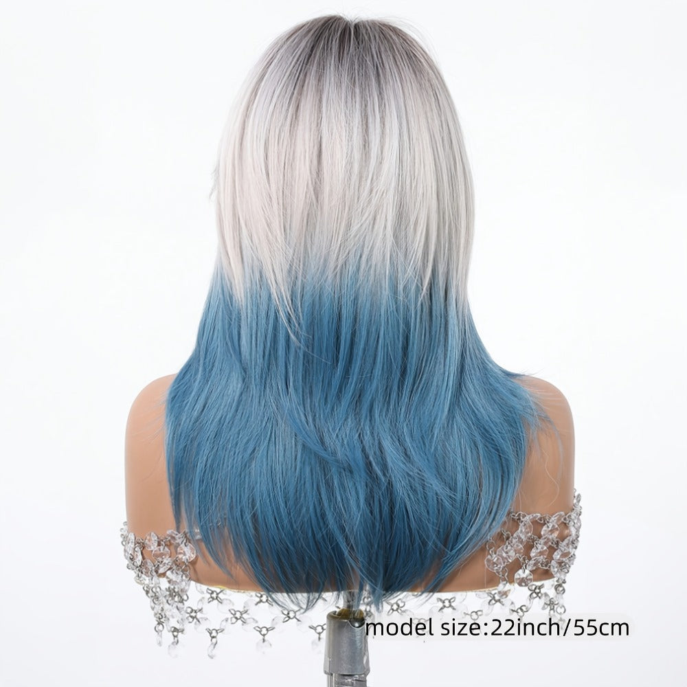 Synthetic Wig 22-Inch Gradient Blue Ombre Layers with Bangs, Adjustable Cap and Rose Hair Net — image 4