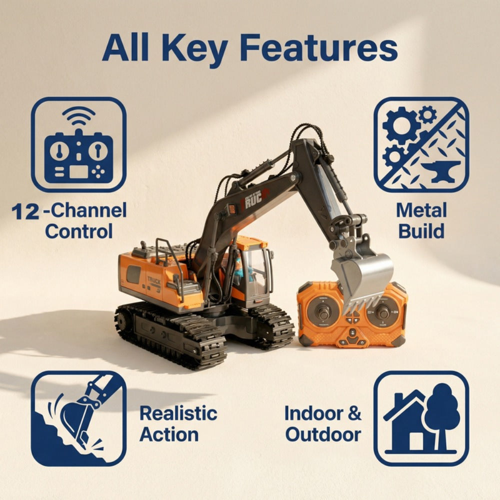 RC Excavator Toy 1:24 Scale 2.4GHz 9-Channel Remote Control with Alloy Metal Cap Lights & Sound Rechargeable Battery — image 