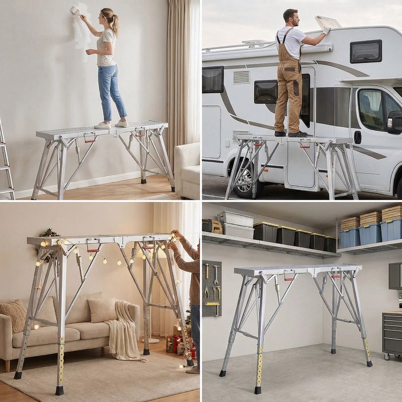 Aluminum Work Platform Height Adjustable Folding Portable Scaffold Bench Wide Base Safety Railing for Garden, Patio and Yard 