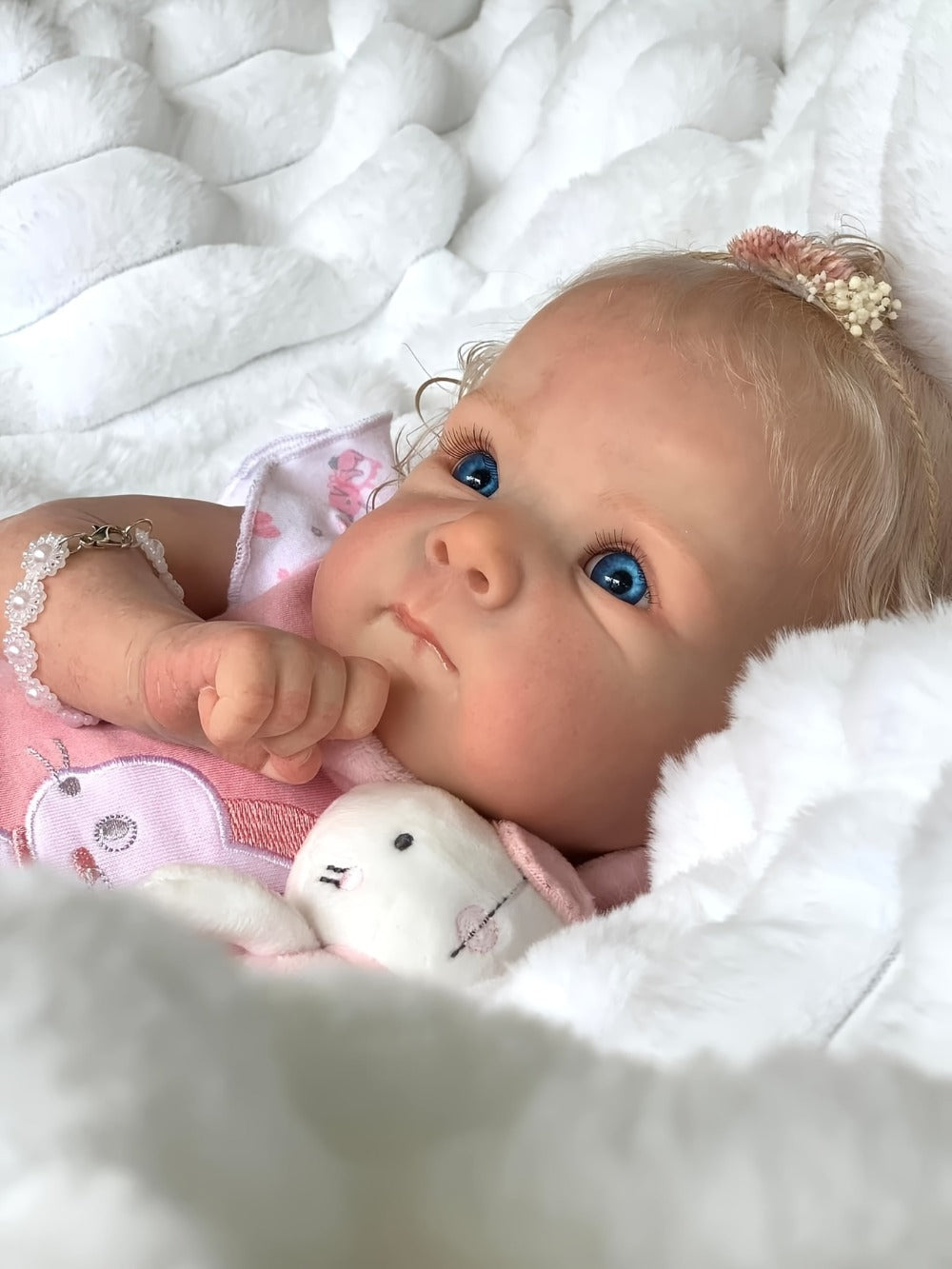Reborn Baby Doll 16-Inch Cloth Body with Rooted Blonde Hair, Open Eyes, Pink Romper and Pacifier Set — image 14