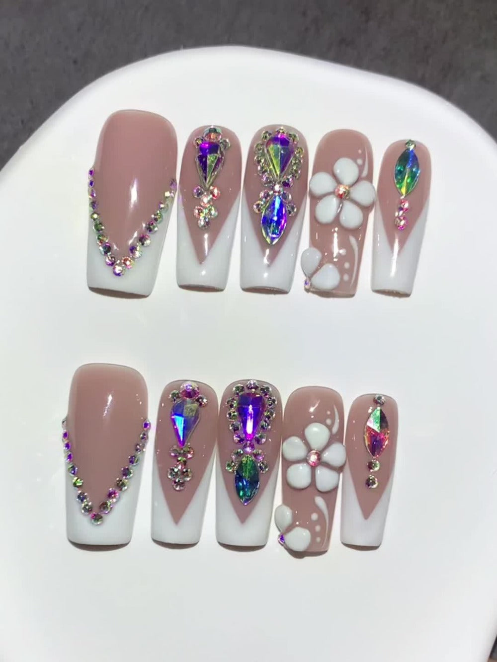 Press On Nails 10-Piece Square French-Tip Set with Nude White Gloss, AB Rhinestones and Floral Design — image 12