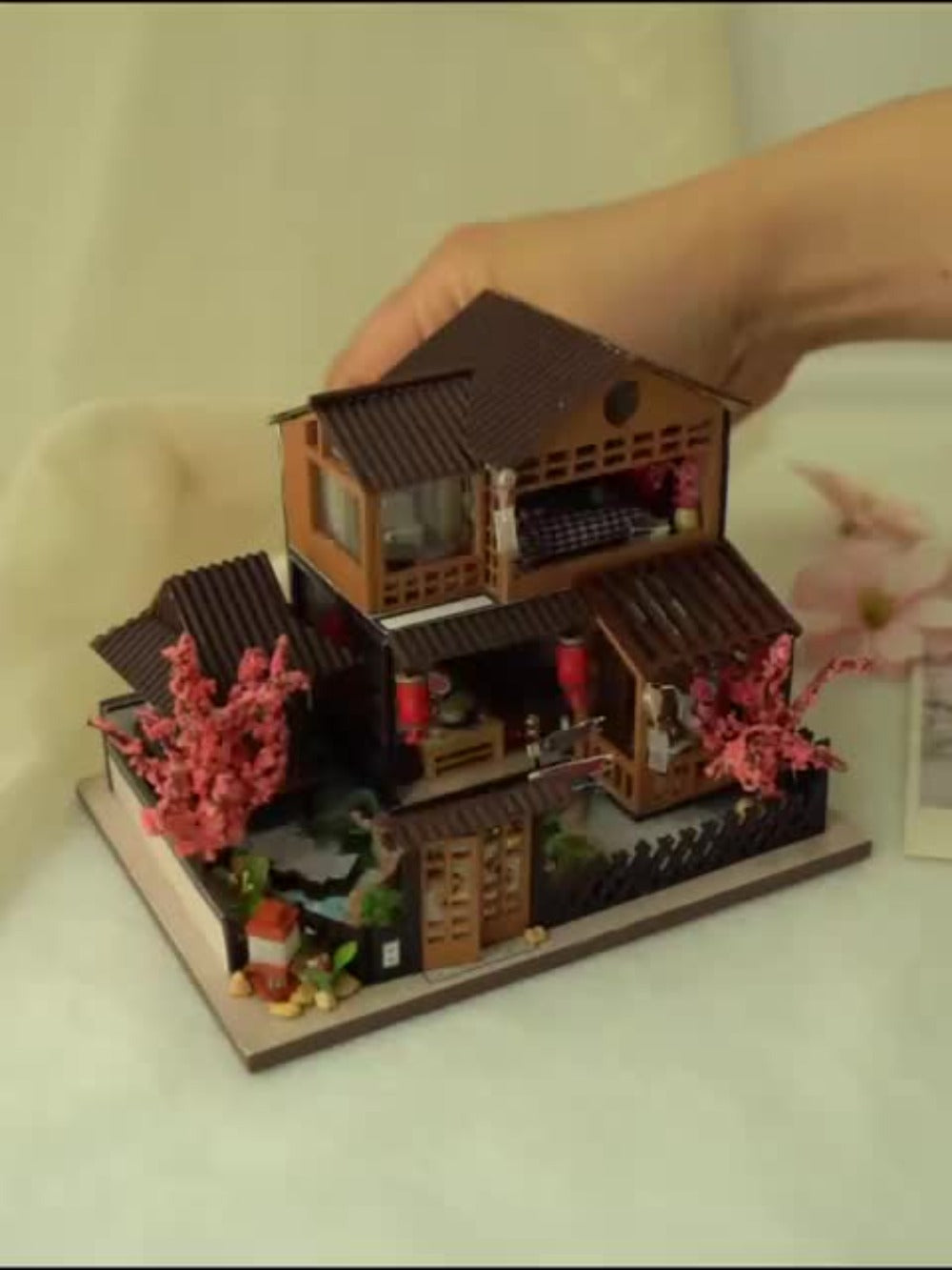 DIY Miniature House Kit, Sakura Garden Villa Wooden Dollhouse with Full Furniture & Accessories, Japanese Cherry Blossom Styl