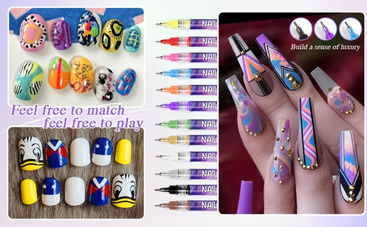 Nail Art Pens 12 Colors Quick Dry 3D Graffiti & Detail Brush Set – Ultra-Fine Precision Drawing Pen Kit for DIY Nail Design —