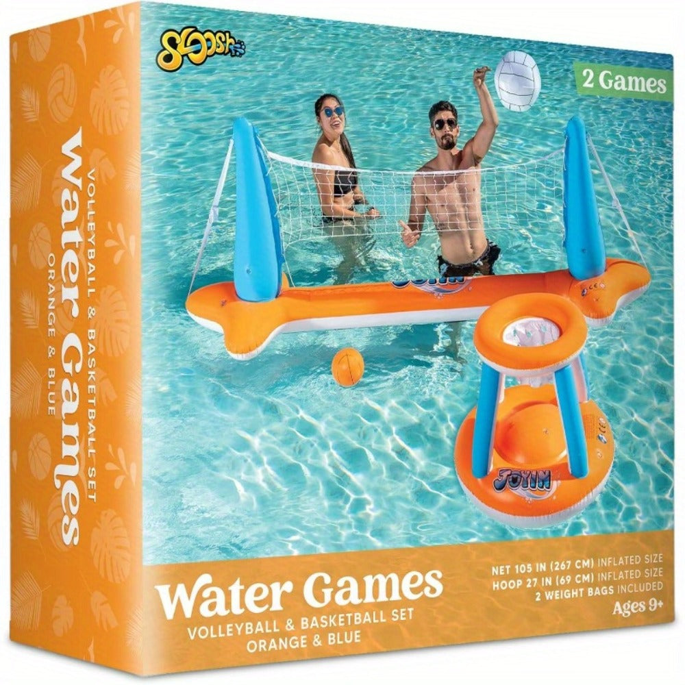 Inflatable Pool Game Set for Kids & Adults, Volleyball Net Court & Basketball Hoops with Balls — image 9
