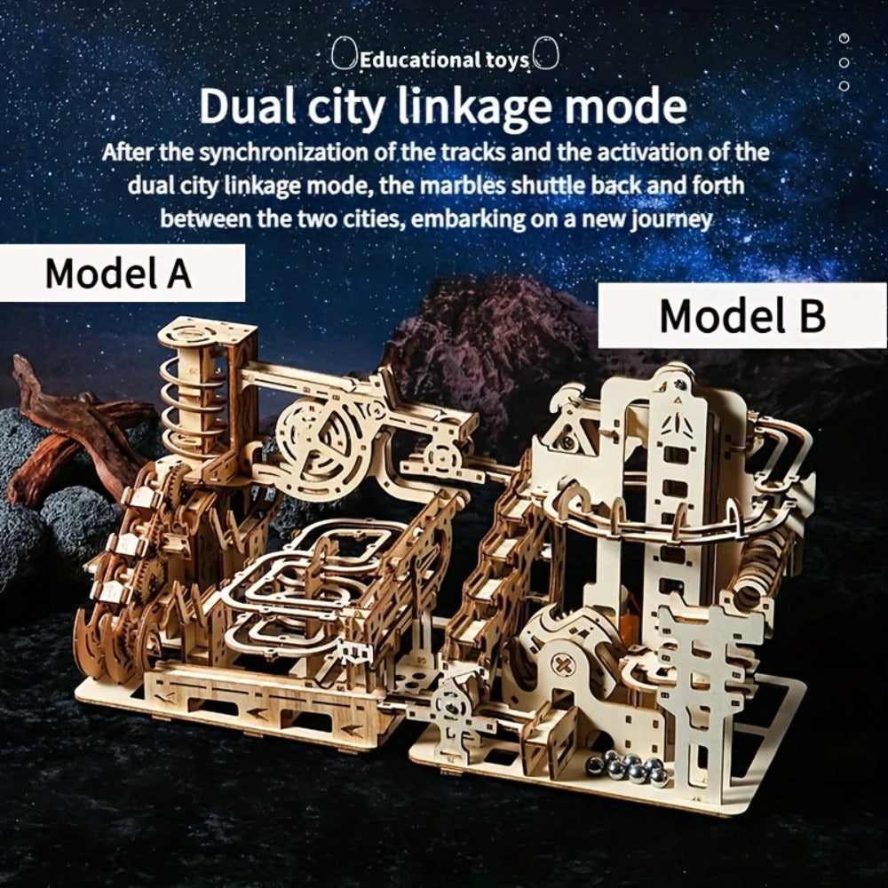 Wooden Marble Track Model Kit with Dual-Linkage A or B Builds, Laser-Cut Panels, Gears and Ball Rails — image 2