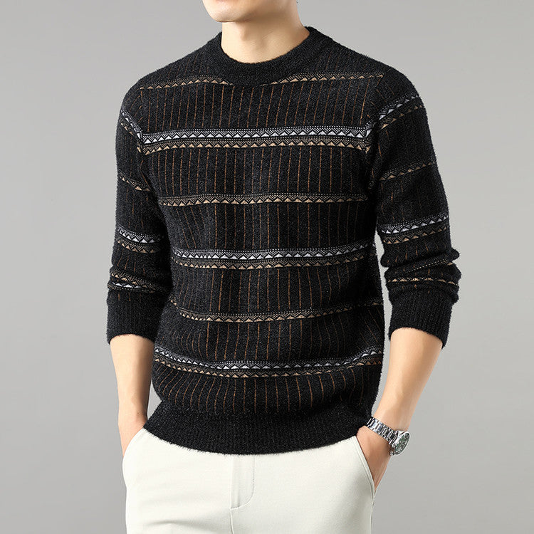 Mens Knitted Fleece-lined Thick Crew-neck Faux Mink Sweater