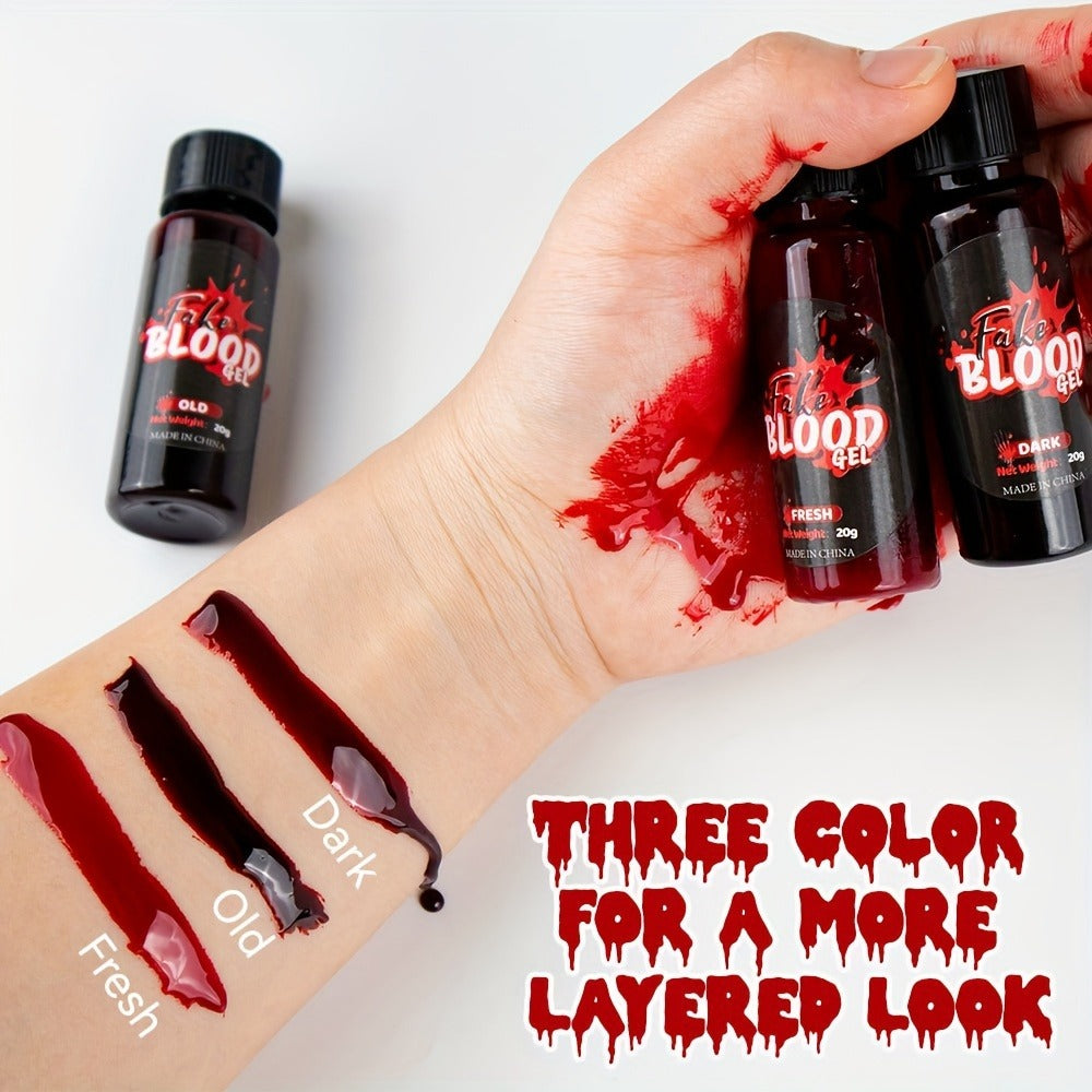 Fake Blood Makeup Kit 3pcs SFX Paste with Brush – Realistic Fresh Dark & Old Blood Special Effects Makeup for Halloween Zombi