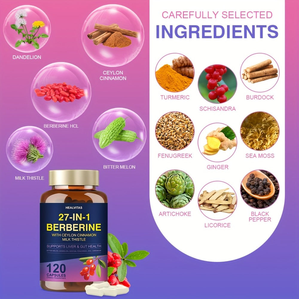 Herbal Supplements with HEALVITAS Label, 27-in-1 Berberine Formula Capsules, 120 or 360 Count — image 10