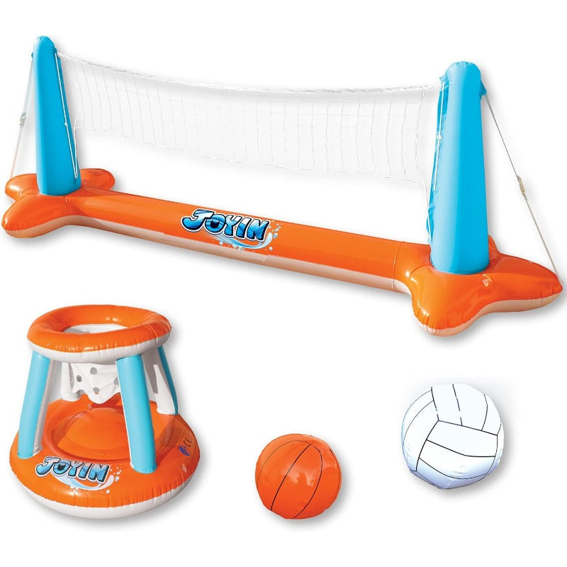 Inflatable Pool Game Set for Kids & Adults, Volleyball Net Court & Basketball Hoops with Balls — image 1
