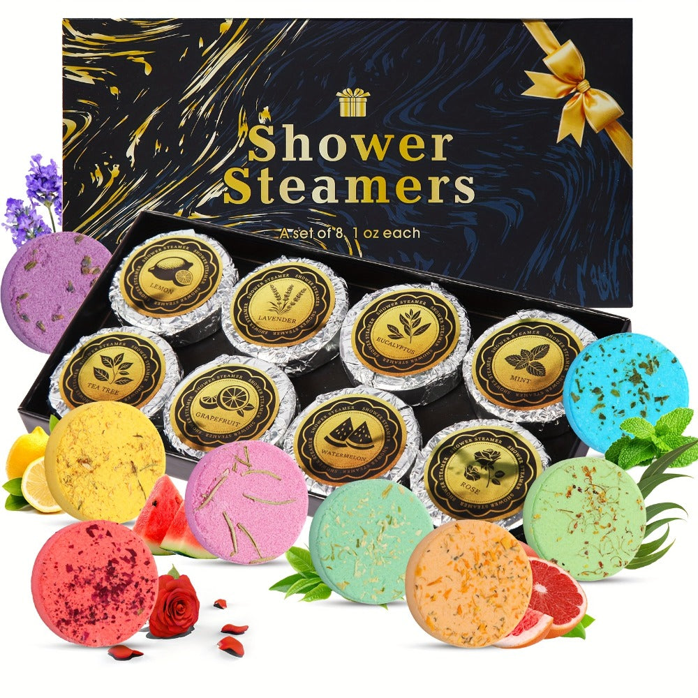 Eight 30 g Shower Steamer Tablets in Eight Fragrance Labels with Black-and-Gold Gift Box Packaging — image 1