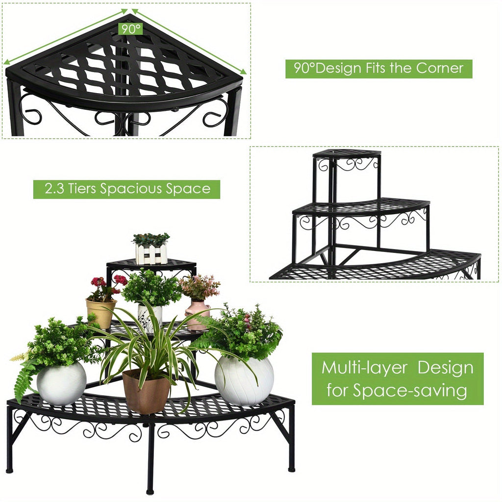 Three-Tier Black Metal Corner Plant Stand with Fan-Shaped Shelves, Scrollwork and Non-Slip Feet — image 7
