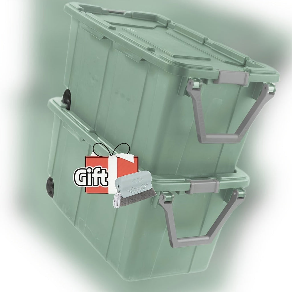Two-Pack 40-Gallon Green Storage Bins with Latch Lids, Pull Handles and Rear Wheels for Bulk Organization — image 1