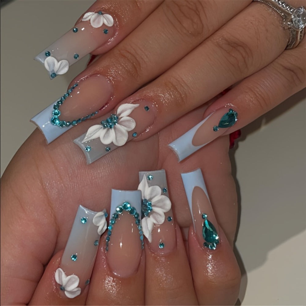 Press On Nails 96-Piece Long Ballerina Blue Gradient 3D Flower Butterfly Set with Four Bracelets — image 6