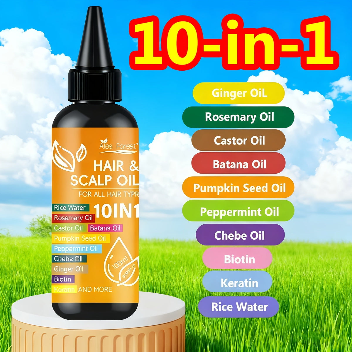 Hair Oil 10-in-1 100ml Pointed-Applicator Bottle with Ginger, Rosemary, Castor, Batana, Rice Water and Biotin — image 12