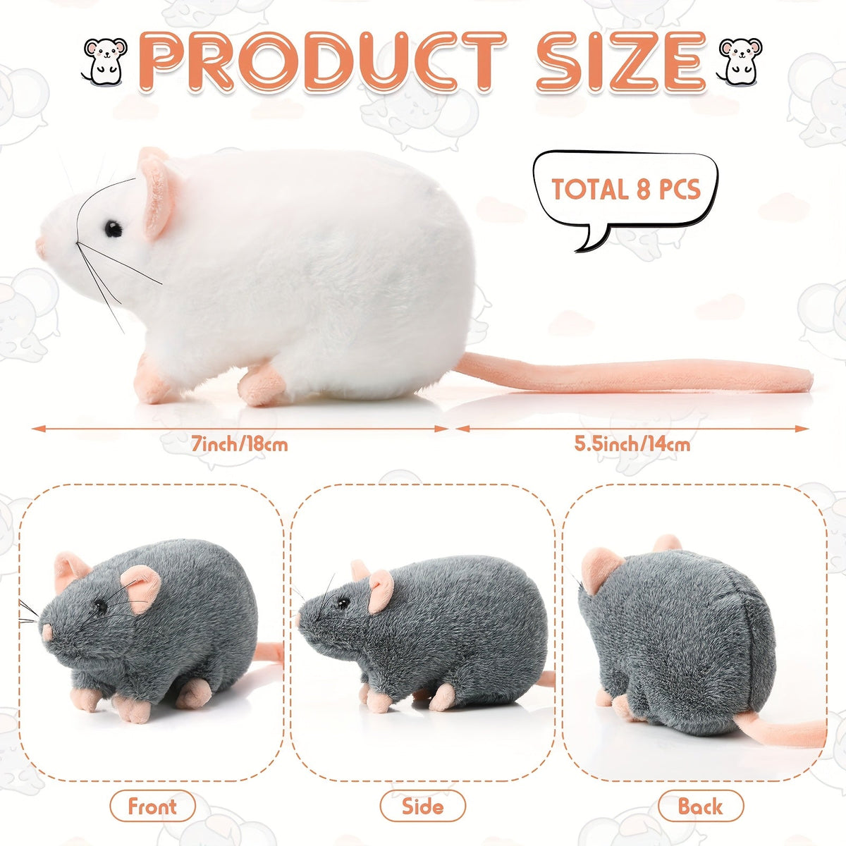 Cat Toy 8-Pack of 7-Inch Plush Mice in White, Gray and Brown with Long Tails and Rounded Bodies — image 2