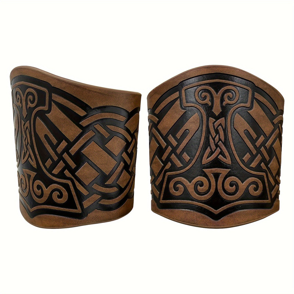 Viking Leather Cuff Bracelet Set 2pcs Norse Mythology Mjolnir Vegvisir Embossed Wristband for Men Women Halloween Gift — imag