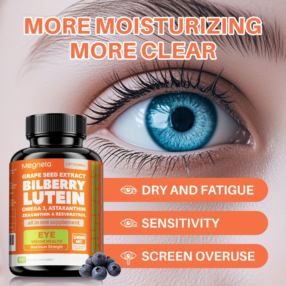 Eye Vitamins with Lutein & Zeaxanthin Capsules, Enhanced with Astaxanthin, Omega-3, Bilberry & Resveratrol for Vision Health 
