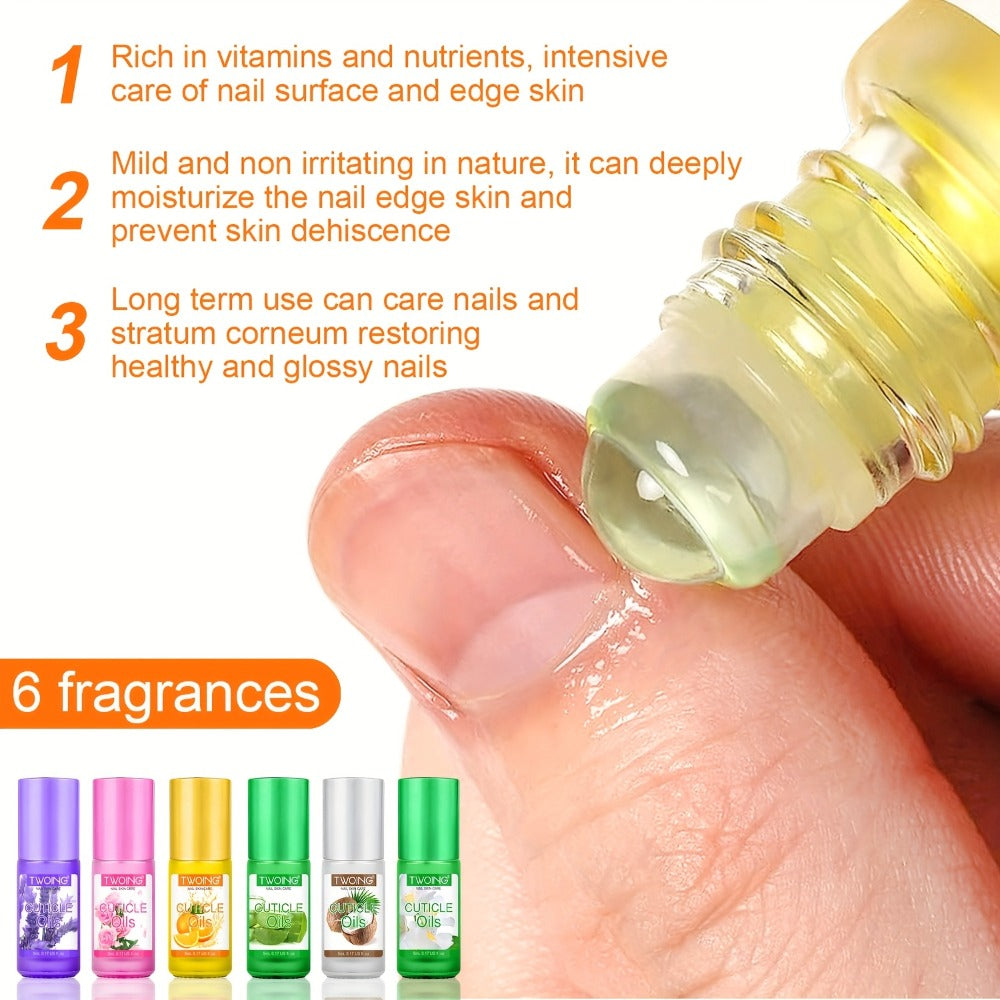 Cuticle Oil Set 6 Scents with Jojoba Oil Grape Seed Oil & Vitamin E – Paraben-Free Plant-Based Daily Nail Treatment for Dry D