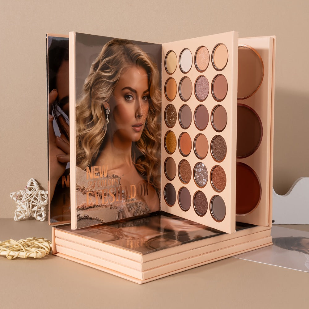 3-in-1 Eyeshadow Blush Highlighter Palette Loose Powder Book-Style Folding Compact Buildable, for Makeup, Travel and Everyday