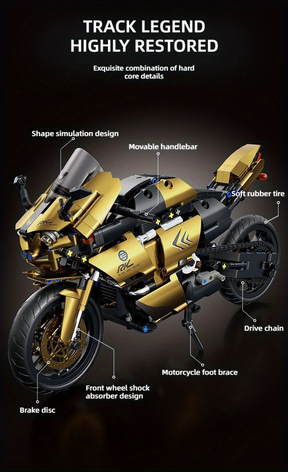 1000PCS Motorcycle Building Blocks 1:10 Scale DIY Black & Gold Motorbike Model Kit – Adult Collector Display Ornament — image