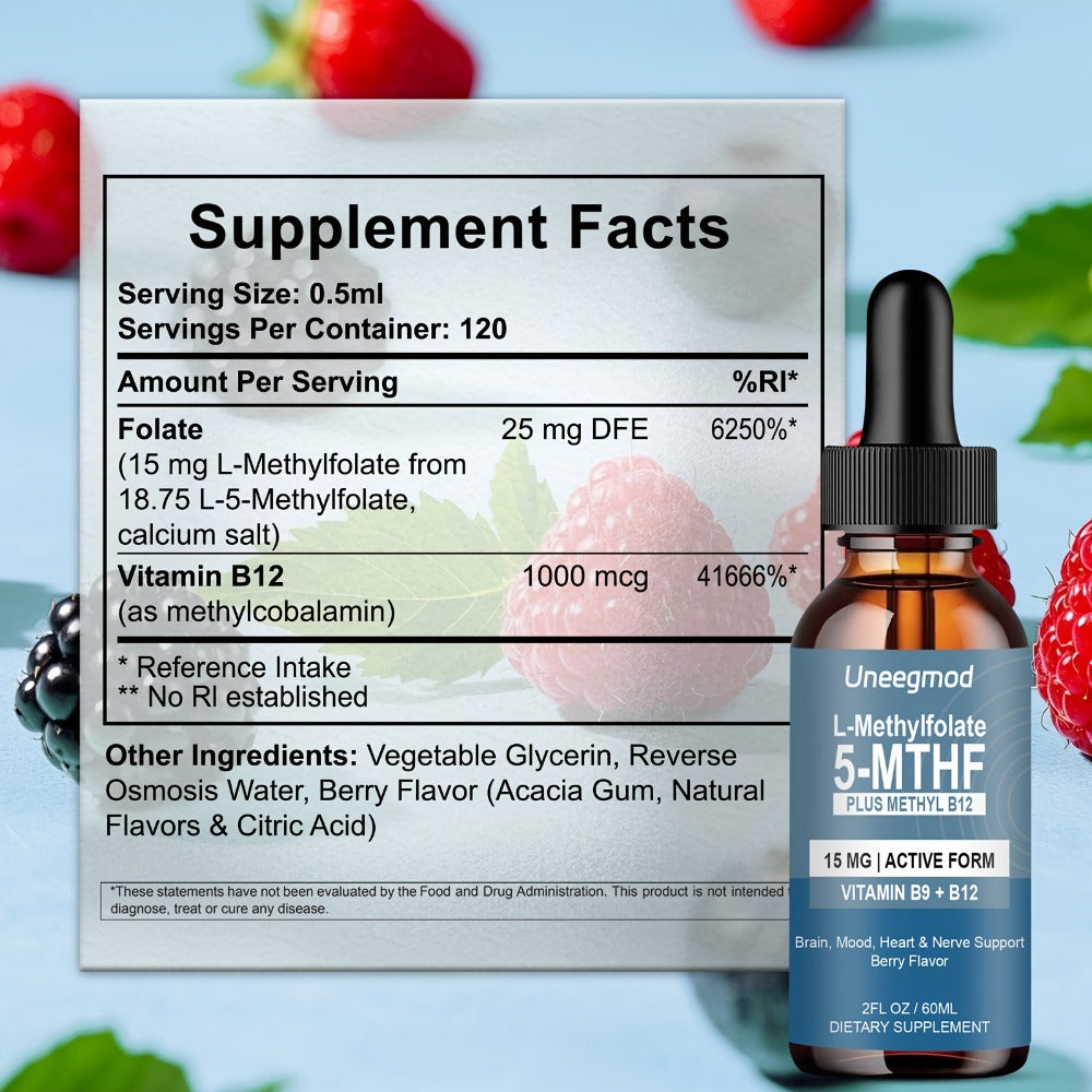 L-Methylfolate 15mg Liquid Drops 2fl oz with Methylated B12, Active 5-MTHF for Brain, Heart & Nervous System Health — image 7