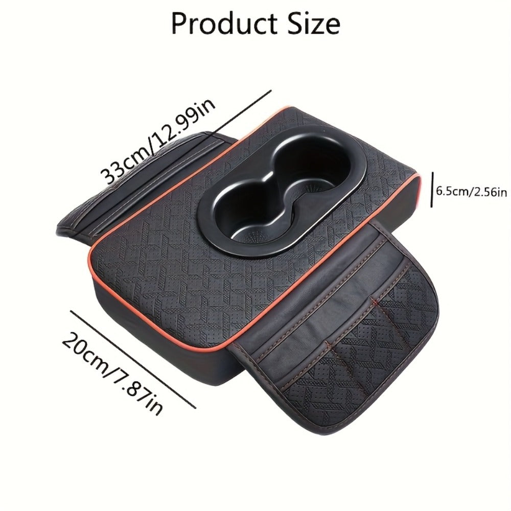 Car Center Console Cover PU Leather – Universal Armrest Box Mat with 2 Cup Holders & 2 Side Pockets, Phone & Card Storage — i