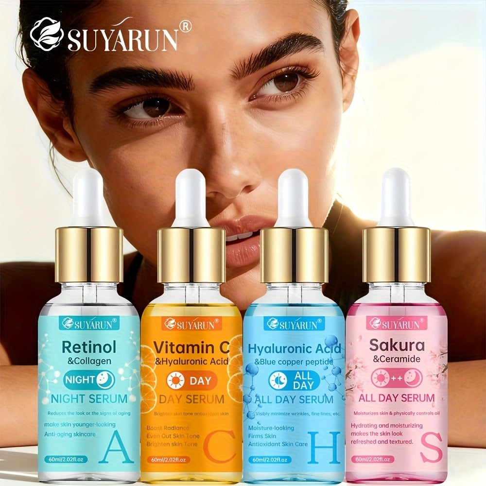 Face Serum Set 4-Piece Day & Night with Vitamin C Retinol Hyaluronic Acid Ceramide - Deep for Bath Time, Home Spa and Persona