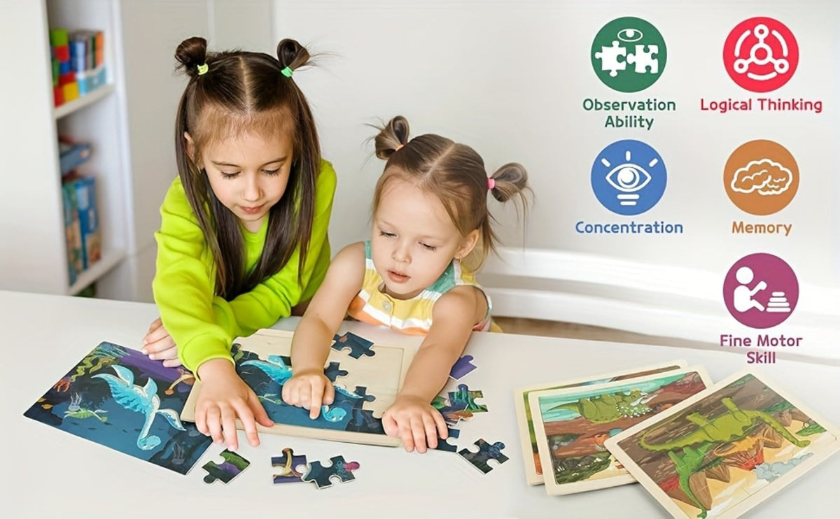 Dinosaur Puzzle Set for Kids Ages 3-8 Wooden 4-in-1 Jigsaw with 24 Pieces Each, Colorful Preschool Educational Toy for Boys &