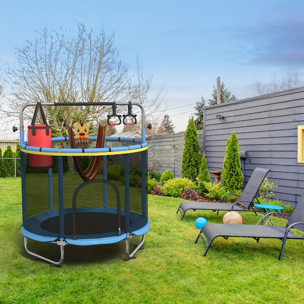 60 Inch Trampoline with Enclosure and Gymnastics Bar, Height Adjustable Indoor Outdoor Round Trampoline with Toys for Kids — 