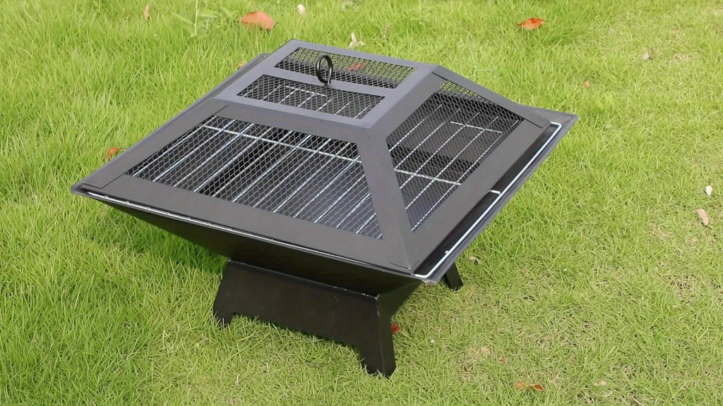 18.5-Inch Black Square Fire Pit and Grill with Mesh Pyramid Cover, Cooking Grate and Long Poker — image 8