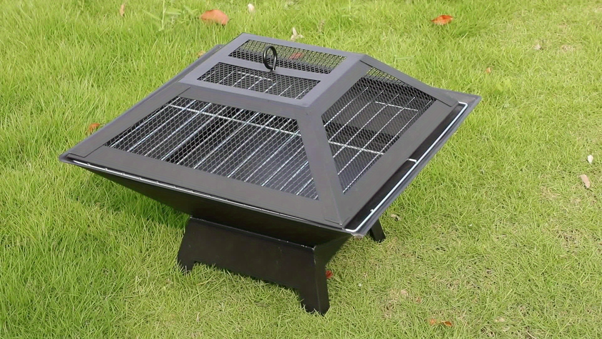 18.5-Inch Black Square Fire Pit and Grill with Mesh Pyramid Cover, Cooking Grate and Long Poker — image 8