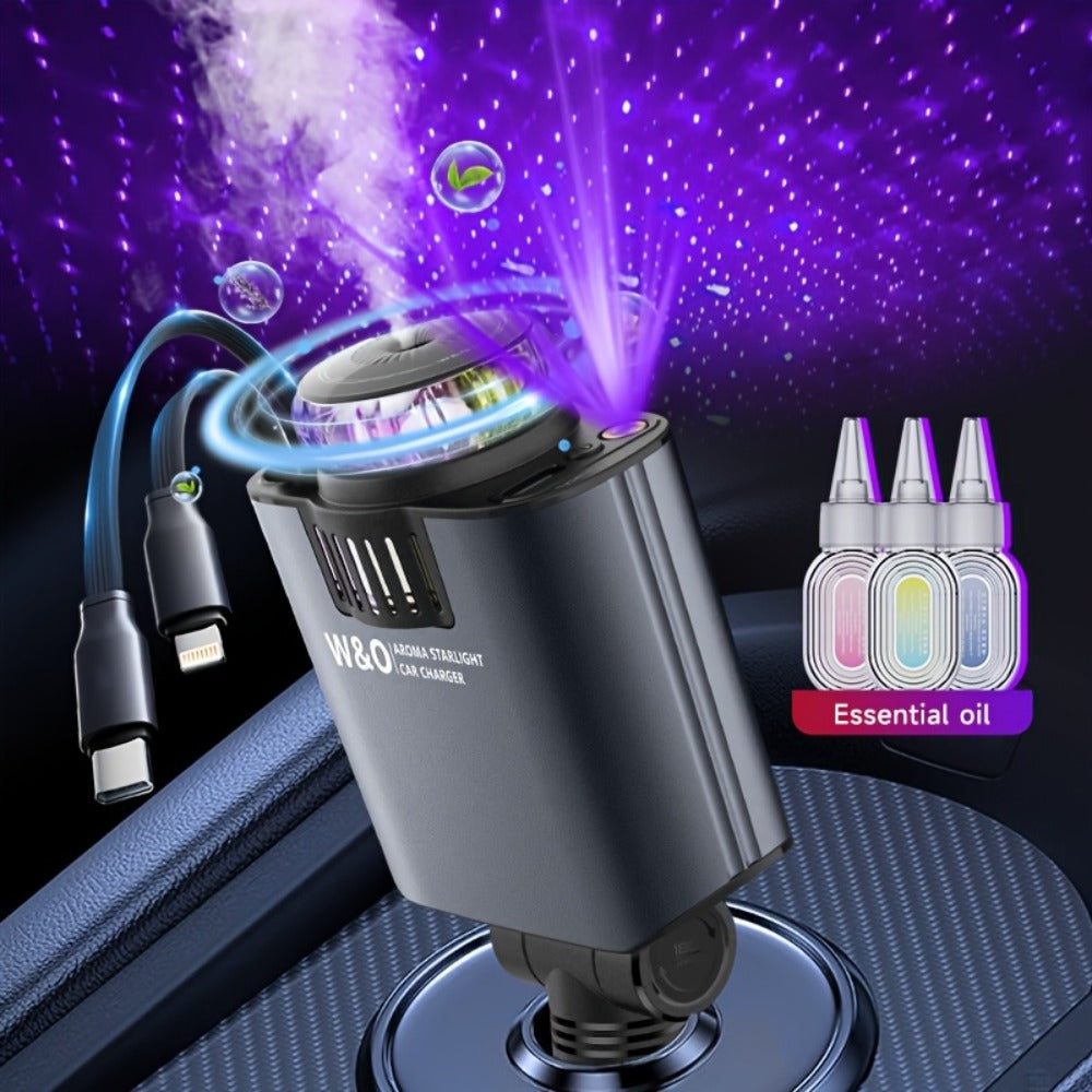 3-in-1 Car Charger, Air Freshener & Starry Sky Ceiling Light – Retractable Type-C & Lightning Cable, Aromatherapy Perfume — i
