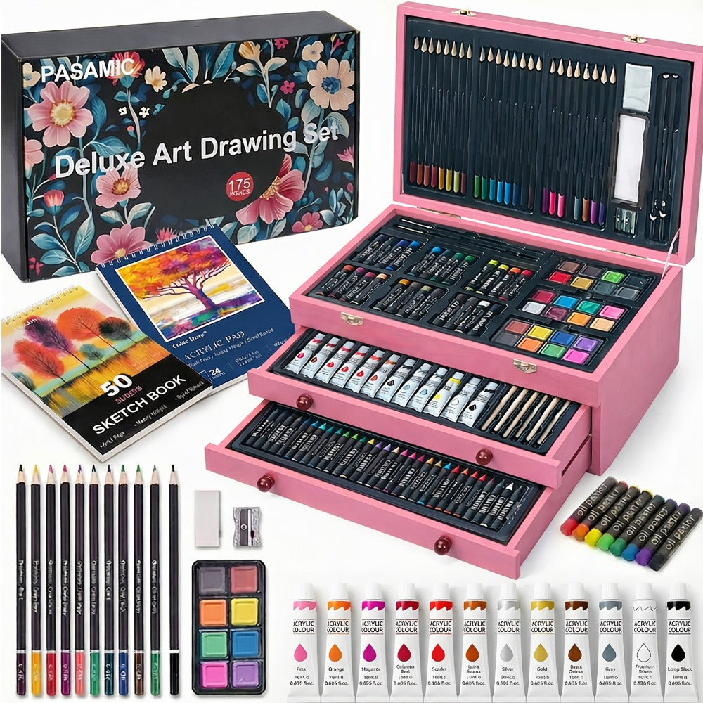 172 Piece Deluxe Art Set in Wooden Case with 2 Drawing Pads Crayons Acrylic with the Listed Color, Size or Set Options for Ev