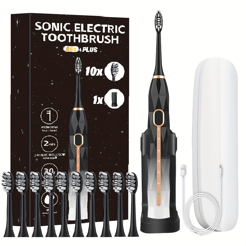 IPX8 Sonic Electric Toothbrush with 8 Replacement Brush Heads – Metal Shaft, USB Rechargeable 500mAh, Travel Case & Holder — 