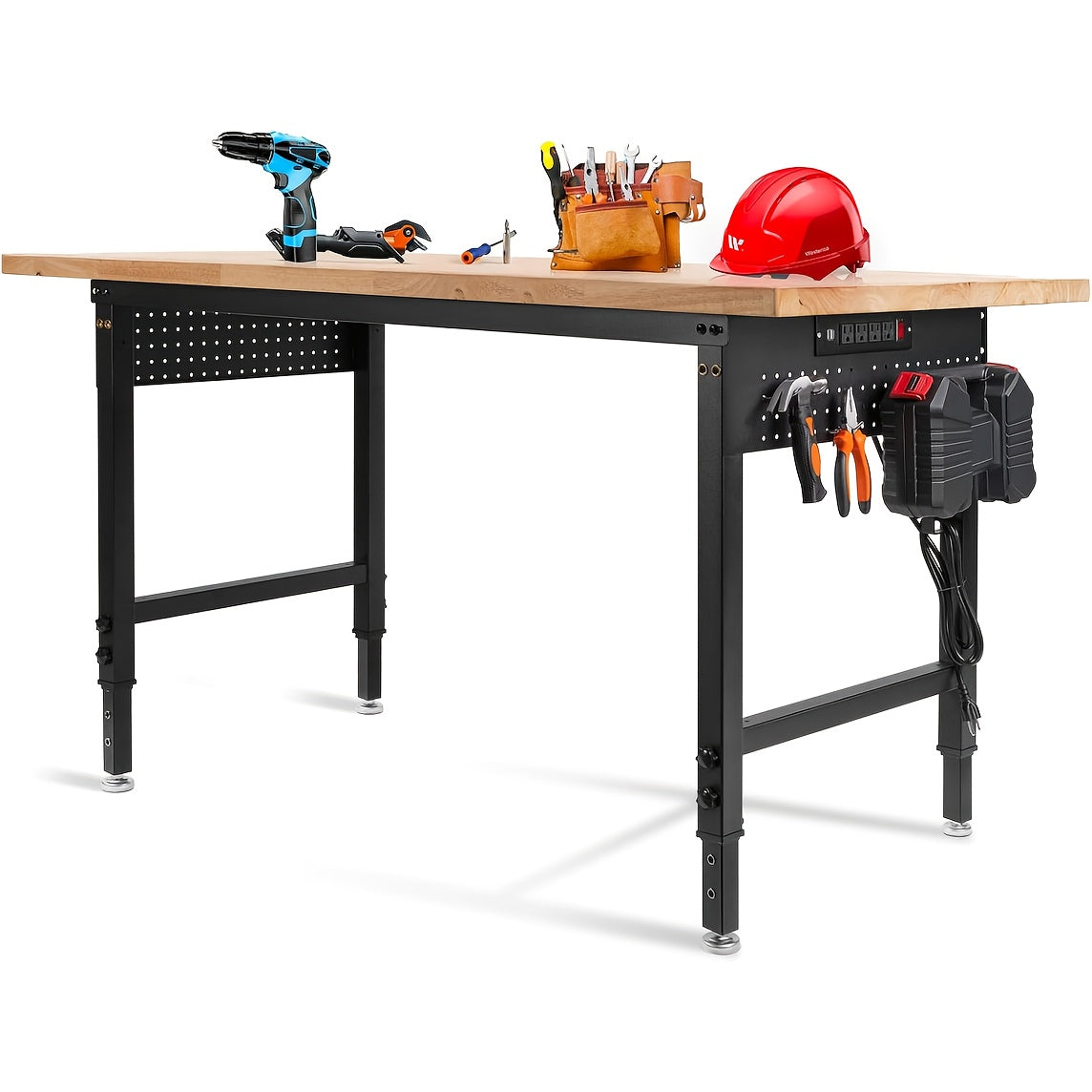 Adjustable 28–40-Inch Wood-Top Workbench in 60- or 96-Inch Widths with Pegboard, Wheels and Power Strip — image 1