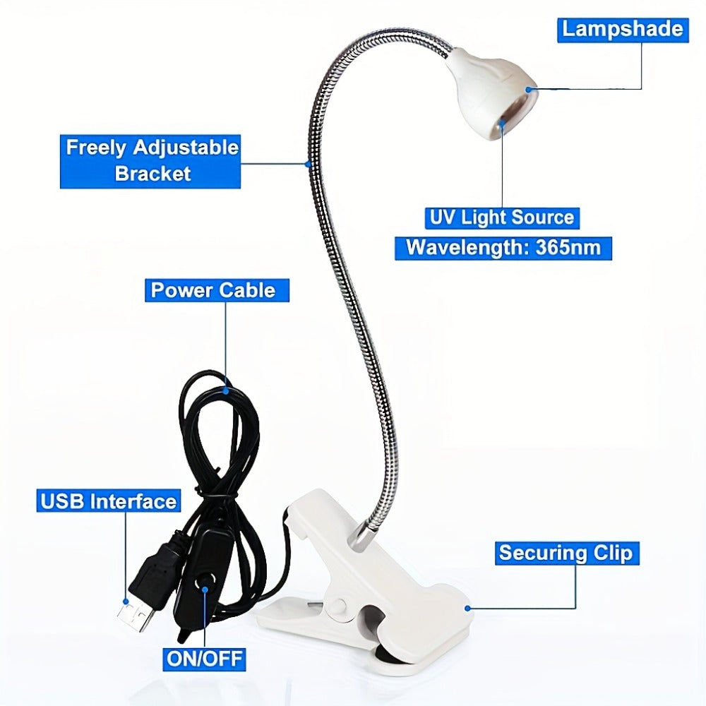 365nm-Labeled UV LED Nail Lamp with Clip Mount, Flexible Gooseneck, USB Cable and Black or White Finish — image 5