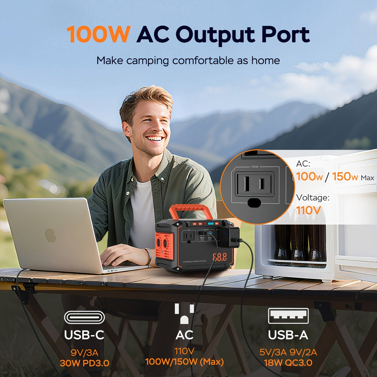 Portable Power Station 88.8Wh or 111Wh with AC, USB-C, USB-A and Optional 30W Solar Panel for Camping — image 4