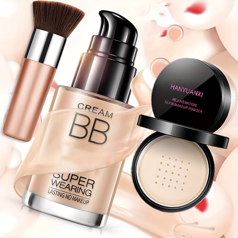 BB Cream Makeup Kit with Loose Setting Powder Brush & Sponge – Full Coverage Waterproof Long-Lasting Hydrating Foundation Set