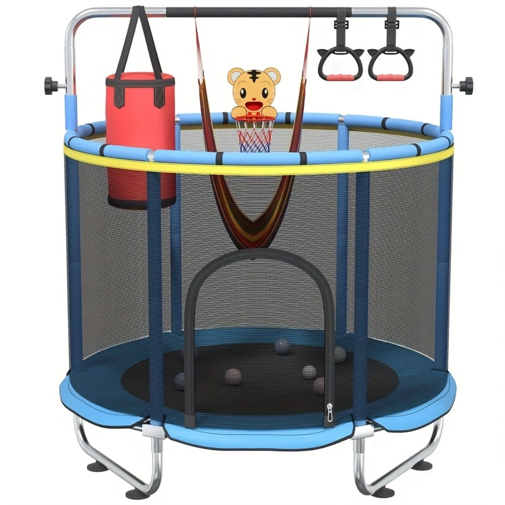 60 Inch Trampoline with Enclosure and Gymnastics Bar, Height Adjustable Indoor Outdoor Round Trampoline with Toys for Kids — 