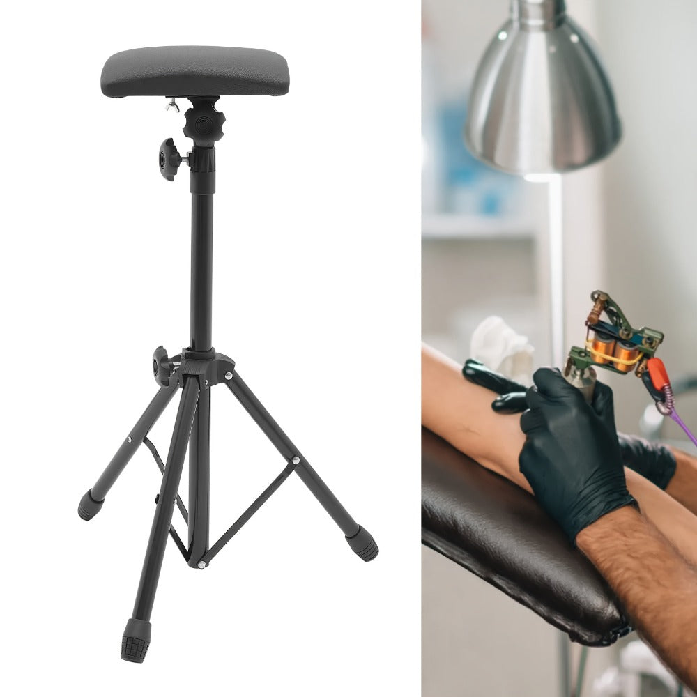 Tattoo Armrest Stand Adjustable Tripod with 15 Disposable Pads & 10 Gloves – 180° PU Padded Arm Leg Rest Portable Collapsible