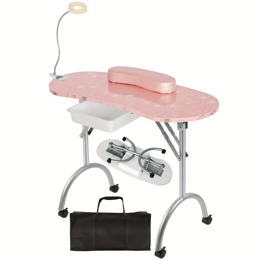Foldable Nail Table with LED Lamp Drawer Lockable Wheels Wrist Cushion & Carrying Bag, Portable Manicure — image 1
